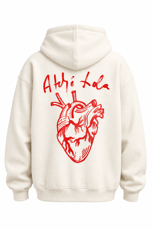 Hoodie baksida med anatomiskt hjärttryck och Ateljé Lola text, vit bakgrund