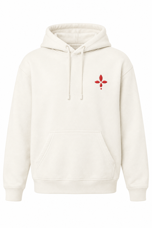 Cremevit hoodie framsida – broderat hjärta vänster bröst